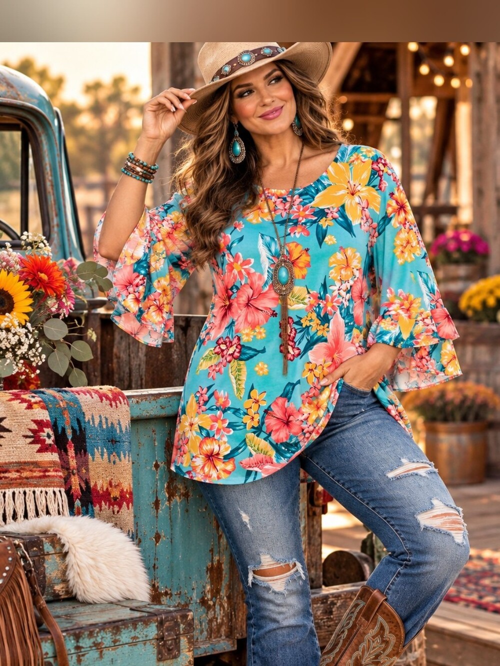 Ruby Rd. 1X Turquoise Tropical Floral Bell Sleeve Tunic Blouse